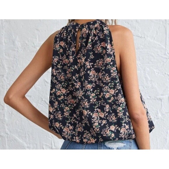 Sleeveless Floral Print Keyhole Back Halter Neck Blouse Large - Picture 3 of 4